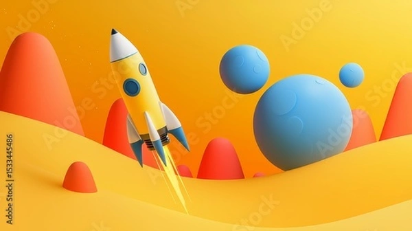 Fototapeta Vibrant Rocket Launching in a Surreal Space Background Illustration