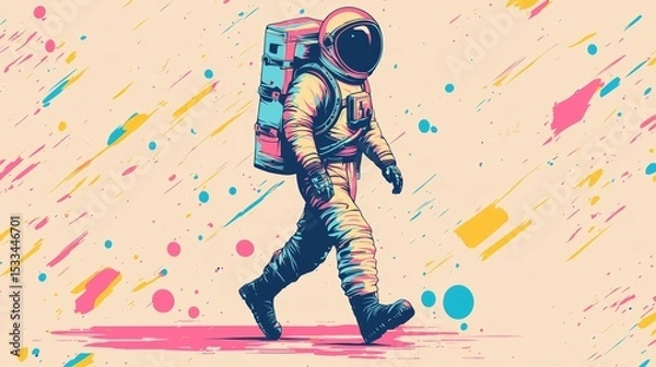 Fototapeta Smiling Astronaut Walking in Colorful Background with Abstract Design
