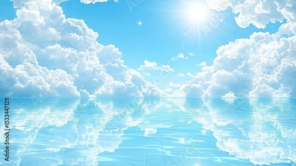 Fototapeta Sky and Clouds Reflecting on Water Surface on a Sunny Day