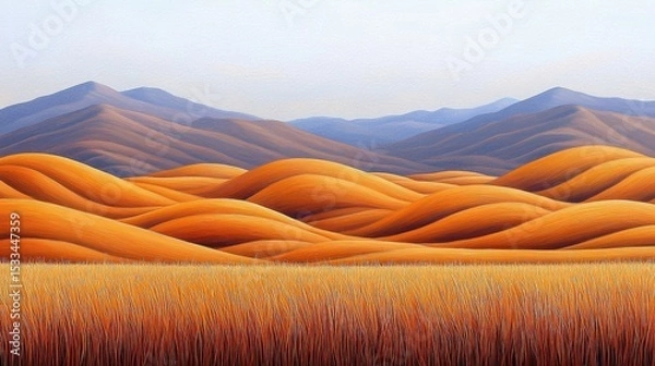 Fototapeta Golden Wheat Field with Mountain Range Background in Digital Art
