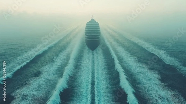 Fototapeta Aerial View of a Large Ship Sailing in The Sea on a Foggy Day