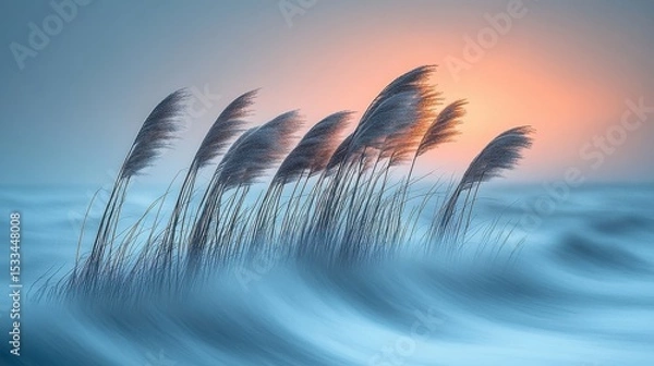 Fototapeta Grasses Swaying With Pixelation Against Orange Sky At Sunset And Sea