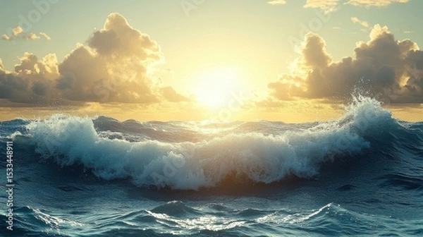 Fototapeta Voxel Style Ocean Waves at Sunset with Clouds and Water Detail