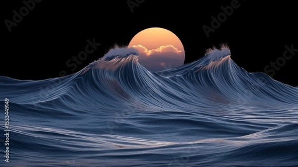 Fototapeta Pixelated Ocean Waves Under Golden Sunset Sky with Dark Background Pixel Art