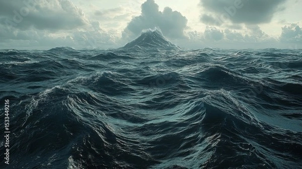 Fototapeta Scenic Ocean Waves Under Cloudy Sky and Mountain in Background Landscape