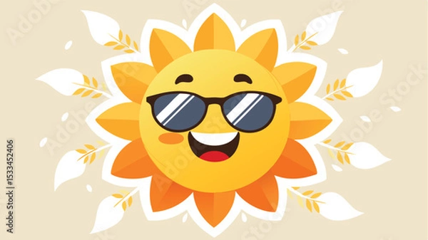 Fototapeta Bright sun with sunglasses and a cheerful expression radiates joy in a sunny backdrop during summer