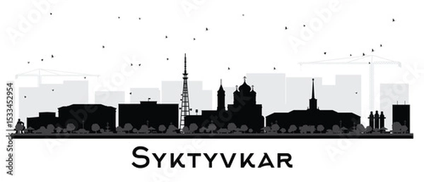 Fototapeta Syktyvkar Russia city skyline silhouette with black buildings isolated on white. Syktyvkar cityscape with landmarks. Travel and tourism concept with modern and historic architecture.