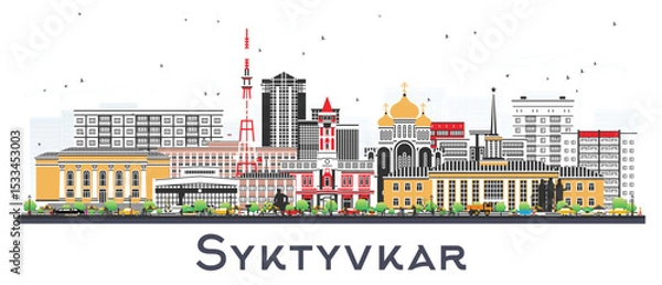 Fototapeta Syktyvkar Russia city skyline with color buildings isolated on white. Syktyvkar cityscape with landmarks. Travel and tourism concept with modern and historic architecture.