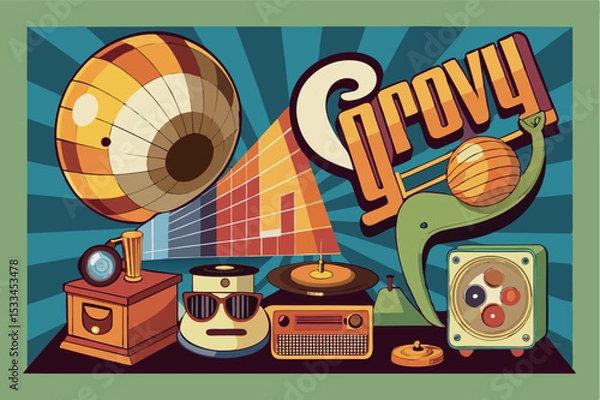 Fototapeta Vintage music equipment and colorful art display with retro vibe