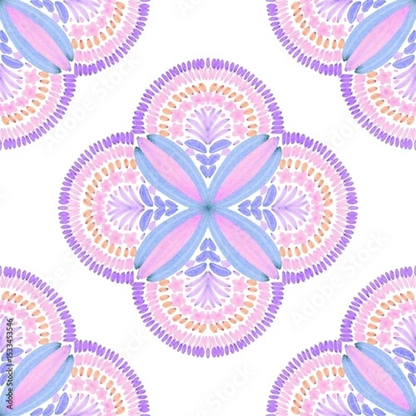 Fototapeta Watercolor ethnic flower seamless pattern in tribal.Ikat design on paper texture in indian vintage,Mexican, African, Aboriginal style.Aztec geometric folk art background.Boho abstract.Hand painted art