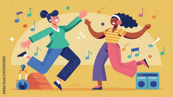 Fototapeta Friends dancing joyfully together in vibrant colors during a lively music party at home