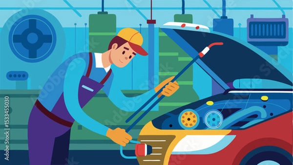 Fototapeta Mechanic working on a vehicle in an auto repair shop during daytime