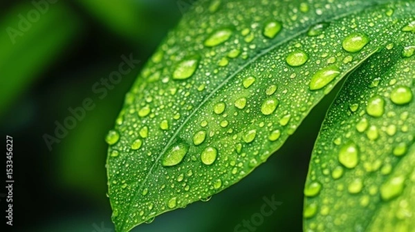 Fototapeta Macro Shot of Vibrant Green Leaf with Water Droplets