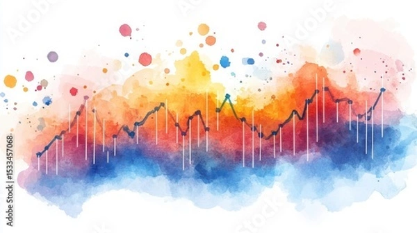 Fototapeta Abstract watercolor painting featuring colorful splashes blending into a financial chart with lines and bars depicting data trends.
