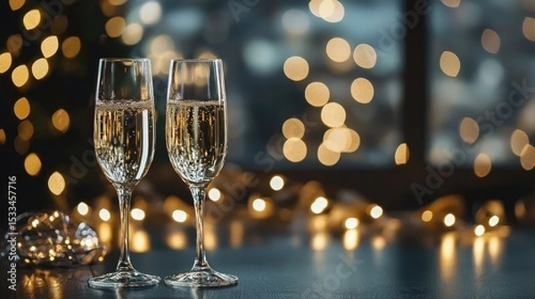 Fototapeta Two champagne glasses filled with champagne on a table with a festive background of lights and a Christmas tree.