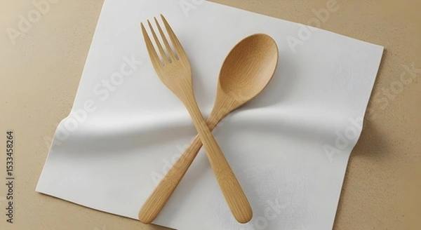 Obraz Bamboo Utensils on White Napkin – 3D Eco Kitchen with Warm Sand Background