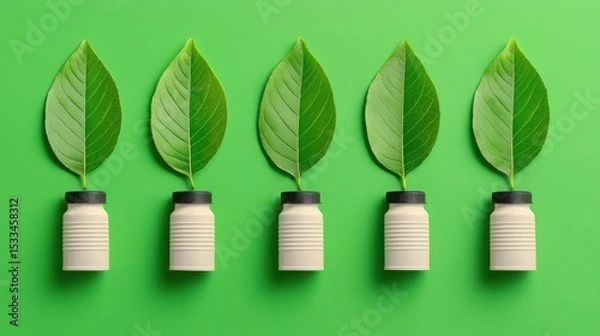 Fototapeta Green Energy and Climate Concept. Creative Bottles with Green Leaves on Bright Background for Eco-Friendly Concepts