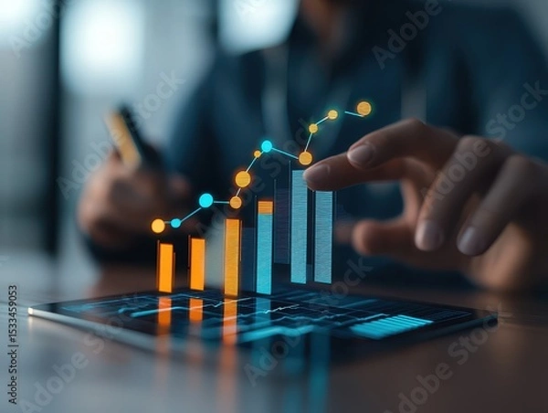 Fototapeta A person using a smartphone interacts with a digital tablet displaying colorful 3D bar and line charts representing data analytics and business growth.