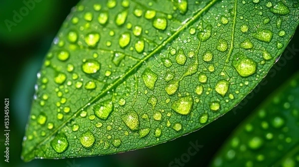 Fototapeta Close-Up of a Leaf with Water Drops in Macro Photography Style