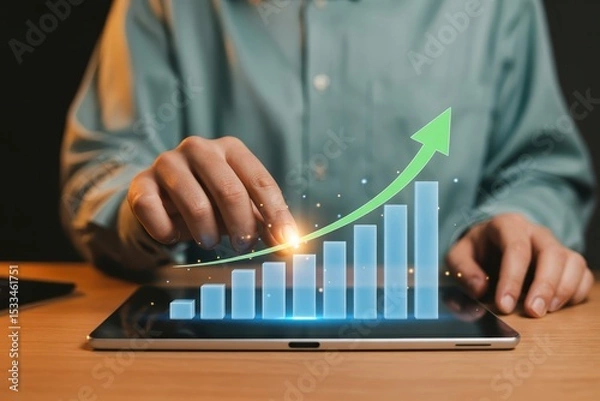 Fototapeta Person interacts with a growing bar graph on a tablet.
