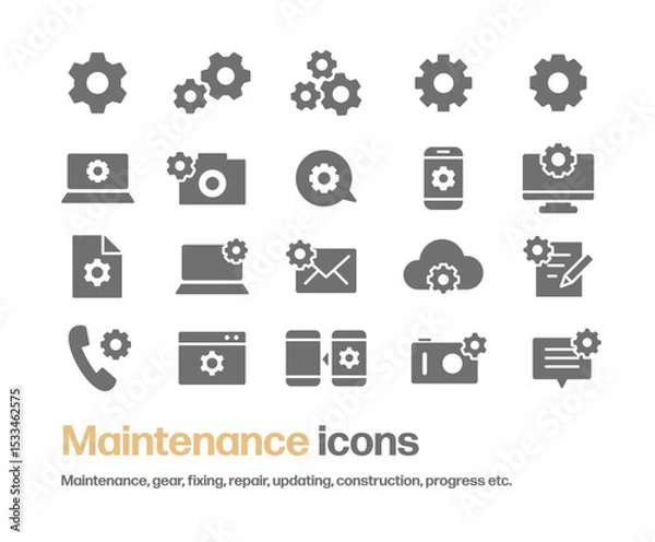 Obraz メンテナンス中や設定を表す歯車のシルエットアイコンセット。PC,カメラ,スマートフォン,ブラウザ等と歯車のアイコンを組み合わせたシンプルなイラスト