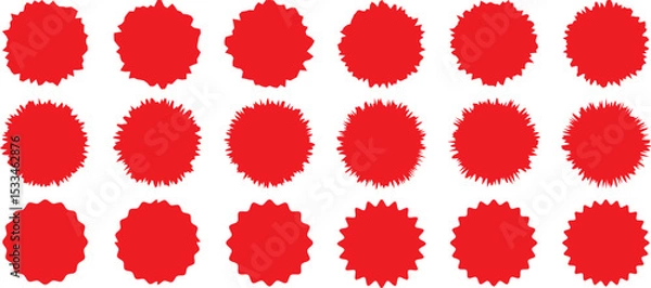 Obraz Star burst shape tags for price.Red sale tag.price tag, starburst, quality mark, retro stars, sale.Set of red starburst. Price sticker, sale sticker, Circle sticker set. Wavy edge promo red badges.
