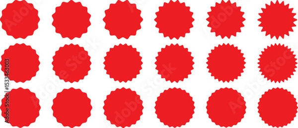 Obraz Star burst shape tags for price.Red sale tag.price tag, starburst, quality mark, retro stars, sale.Set of red starburst. Price sticker, sale sticker, Circle sticker set. Wavy edge promo red badges.