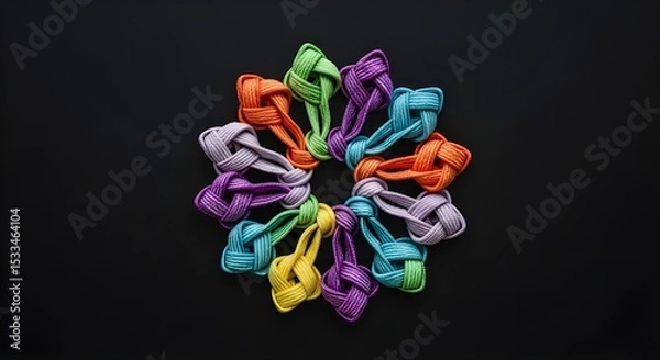 Obraz Rainbow Ribbon Knots Mandala on Dark Matte Background – Colorful Circular Knot Art 3D