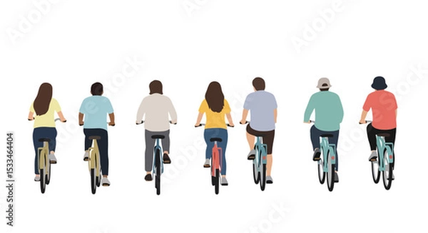Fototapeta Cyclists Ride: Back View of People on Bikes