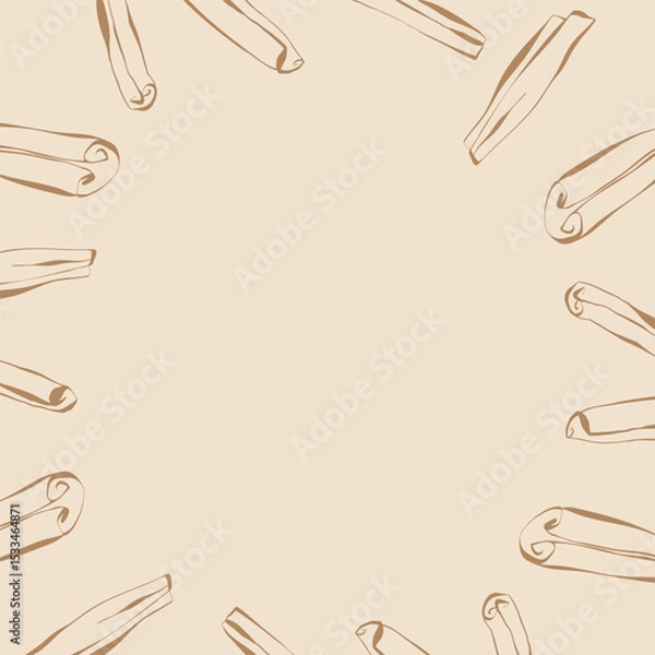 Fototapeta Cinnamon sticks frame on light beige background for label invitation packaging or seasonal product design