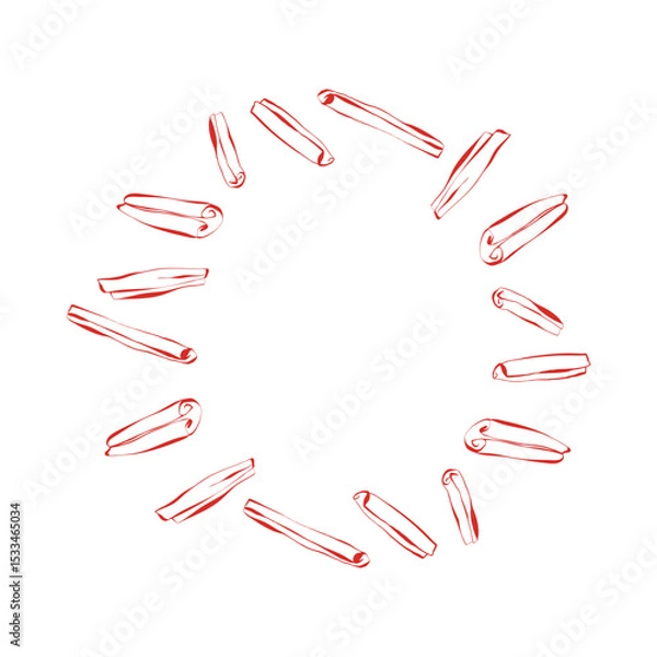 Fototapeta Round frame with red cinnamon sticks on white background for label packaging holiday card or culinary branding