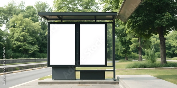 Obraz Blank billboard poster advertisement mockups at an empty bus stop shelter along the main road with greenery in the background out of home OOH vertical billboard media display area
