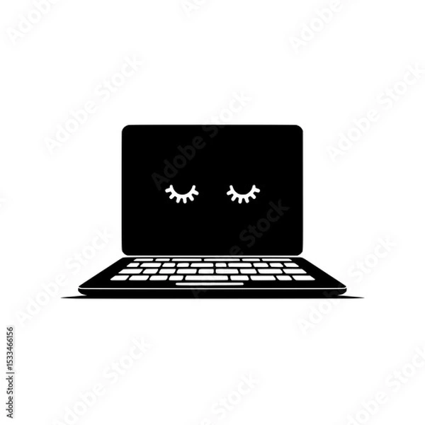 Fototapeta Minimalist sleepy laptop icon on white background, Simple black silhouette of a laptop with closed eyes, symbolizing sleep mode, digital rest, or computer inactivity.

