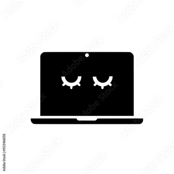 Fototapeta Minimalist sleepy laptop icon on white background, Simple black silhouette of a laptop with closed eyes, symbolizing sleep mode, digital rest, or computer inactivity.

