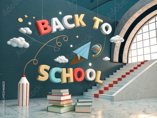 Fototapeta Back to school 3d render of classroom staircase