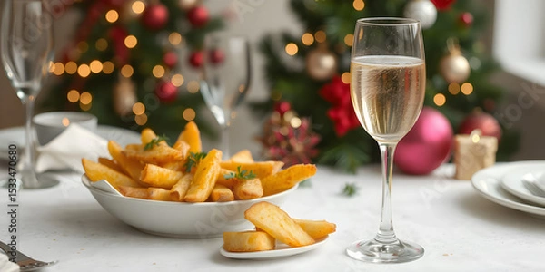 Obraz Background shot of baked potato wedges as side dish and champagne glass with sparkling drink served on festive dining table on Christmas Eve, copy space