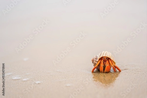 Fototapeta Hermit Crab Crawling on Sandy Beach with Calm Ocean Background