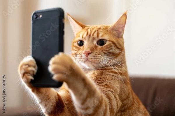 Fototapeta Cat Taking a Selfie with Smartphone in Cozy Living Room Setting