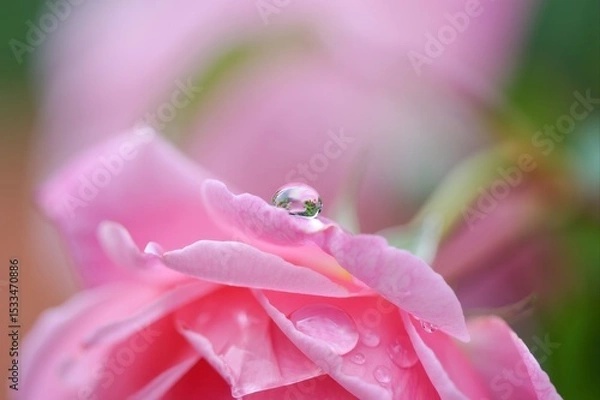 Fototapeta Close-Up of a Pink Rose Petal with Water Droplet and Soft Background
