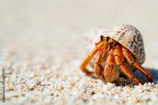 Fototapeta Colorful Hermit Crab Crawling on Sandy Beach with Shells Nearby