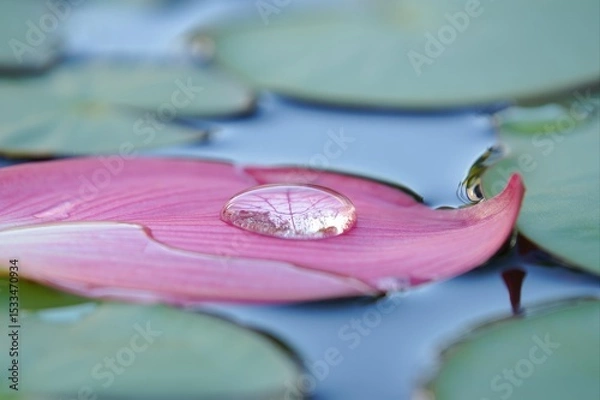 Fototapeta Water Droplet on a Pink Petal in a Tranquil Pond Environment