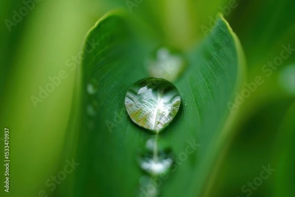 Fototapeta Close-up Macro of Water Droplet on Green Leaf Capturing Nature's Beauty