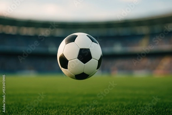 Fototapeta Soccer Ball in Mid-Air Above Green Field in Stadium Setting