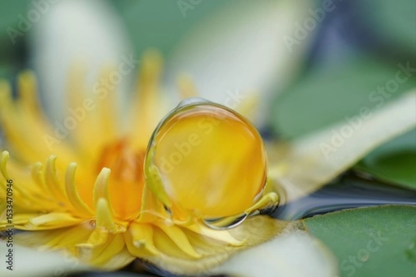 Fototapeta Dew Drop on Yellow Water Lily Petal with Green Background