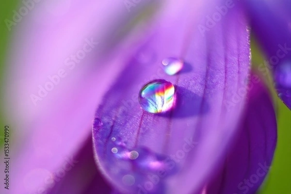 Fototapeta Close-Up of Raindrop Reflecting Colorful Light on Purple Petal
