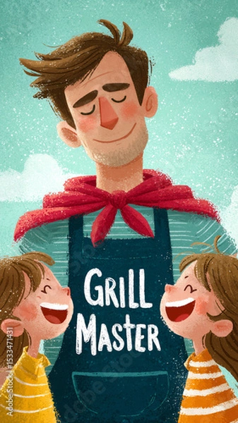 Obraz  A cheerful illustration of a dad in an apron and cape, smiling proudly as kids admire him—labeled "Grill Master".