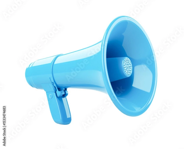 Fototapeta Bright blue megaphone announcement device, isolated, transparent background, 3D render, modern design, communication concept, marketing tool, public address system, loud speaker, promotional,