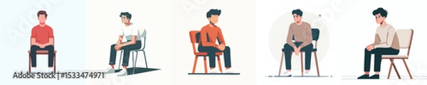 Fototapeta Flat Vector Illustration of Men Sitting Calmly – Minimalist Set for Editorial and Emotional Content