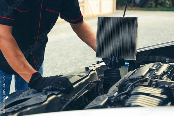 Fototapeta Auto mechanic holding car air conditioner filter for check and clean dirty or fix repair heat have engine problem or replace new change air filter of car care maintenance servicing concepts.