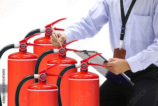 Fototapeta Hand checking fire extinguisher for prevent or prepare fire equipment for prevention in emergency case and safety or rescue and alarm system training concept.